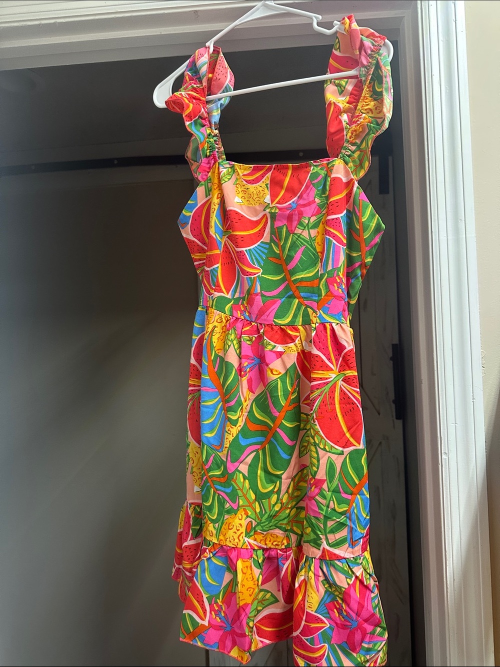 SHEIN Tropical Ruffle Strap Summer Dress - Pink, Green & Yellow